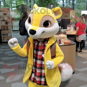 Lemon Yellow Weasel mascot costume character dressed with a Flannel Shirt and Coin purses