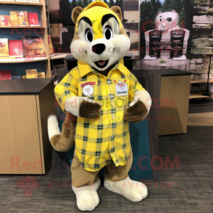 Lemon Yellow Weasel mascot costume character dressed with a Flannel Shirt and Coin purses