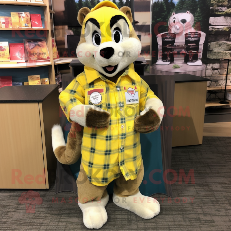 Lemon Yellow Weasel mascot costume character dressed with a Flannel Shirt and Coin purses Lemon Yellow Weasel mascot costume character dressed with a Flannel Shirt and Coin purses