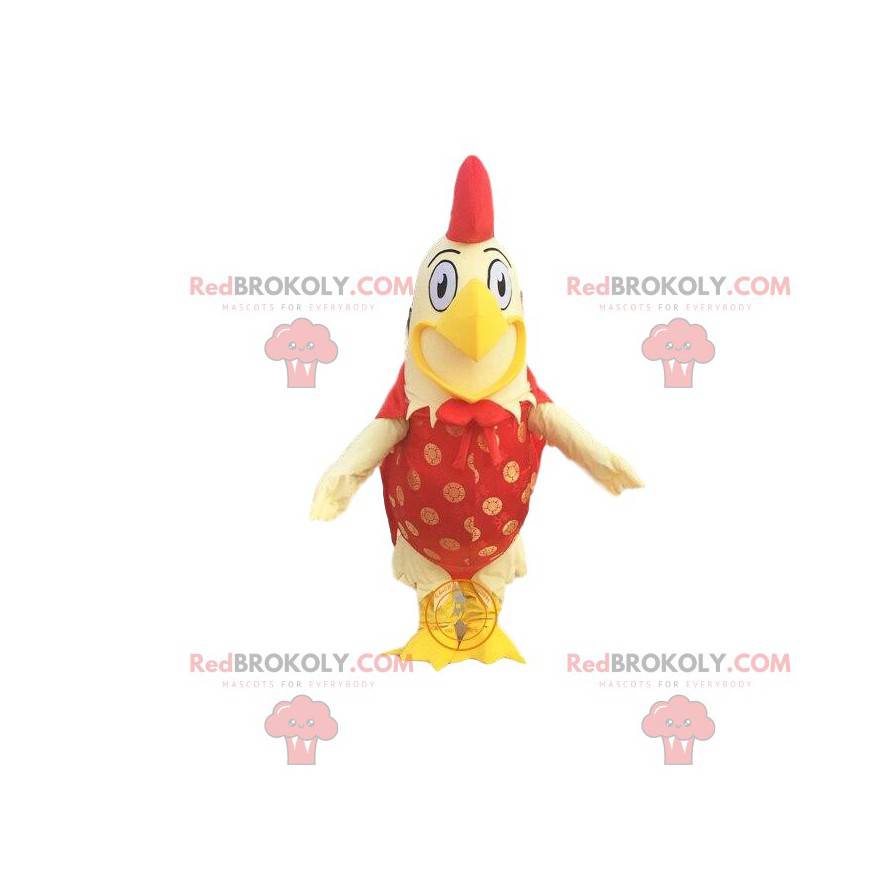 Mascota gallo gigante amarillo y rojo con una amplia sonrisa -