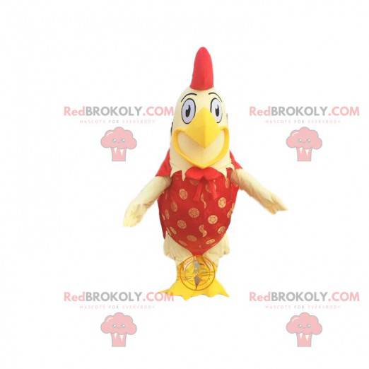Gigante mascotte gallo giallo e rosso con un ampio sorriso -