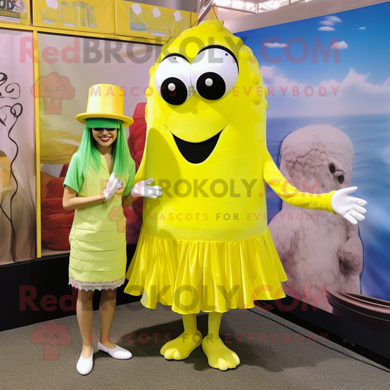Lemon Yellow Oyster mascot costume character dressed with a Midi Dress and Ties Lemon Yellow Oyster mascot costume character dressed with a Midi Dress and Ties
