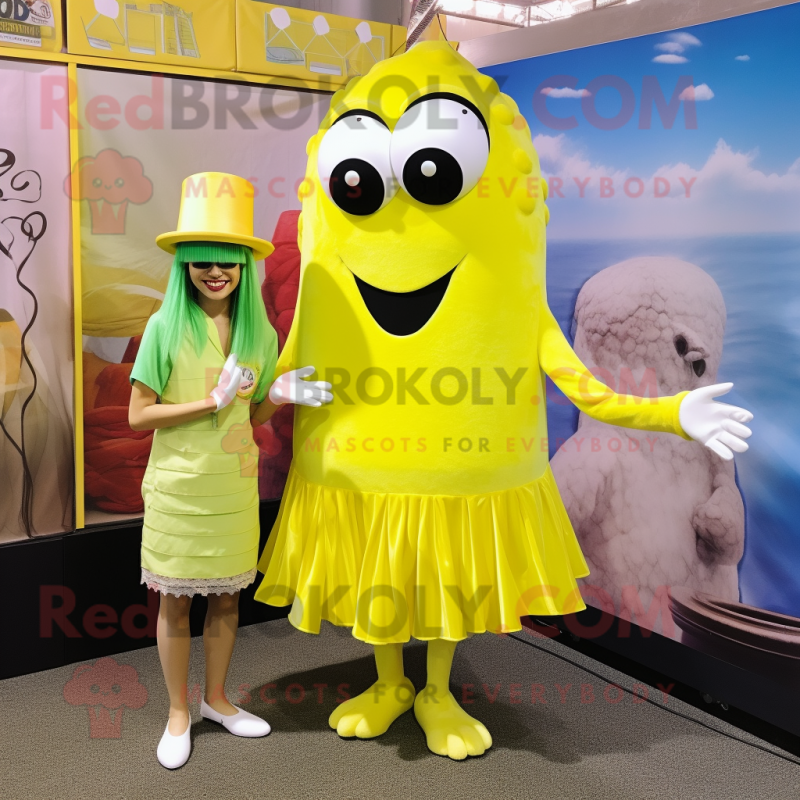 Lemon Yellow Oyster mascot costume character dressed with a Midi Dress and Ties