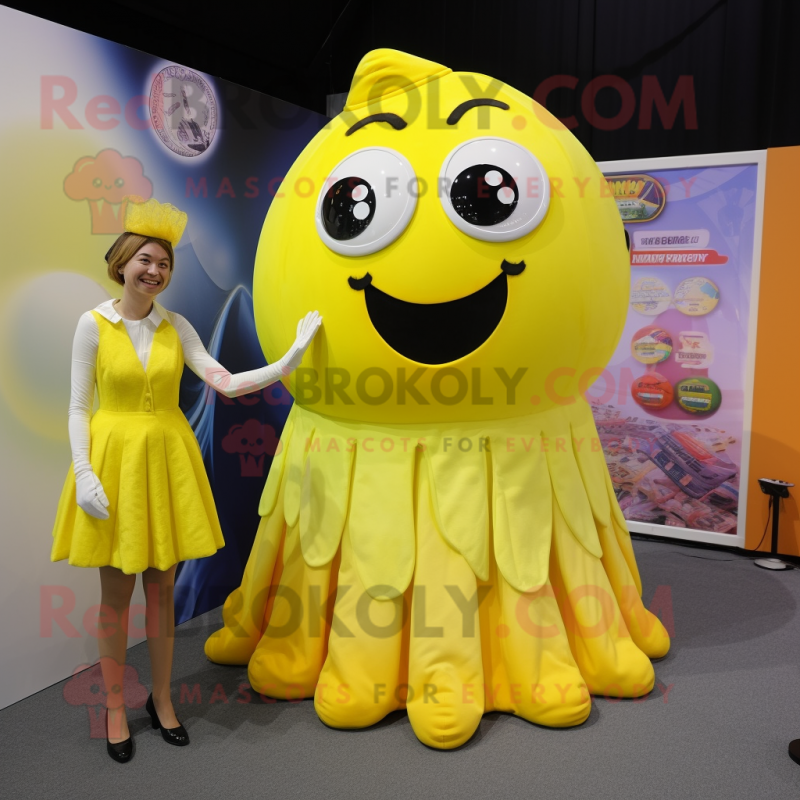 Lemon Yellow Oyster mascot costume character dressed with a Midi Dress and Ties Lemon Yellow Oyster mascot costume character dressed with a Midi Dress and Ties