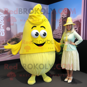 Lemon Yellow Oyster mascot costume character dressed with a Midi Dress and Ties