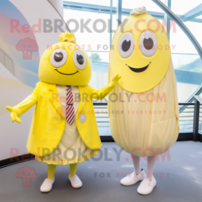 Lemon Yellow Oyster mascot costume character dressed with a Midi Dress and Ties