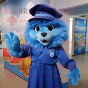 Blue Tamer Lion mascot costume character dressed with a Shift Dress and Hats