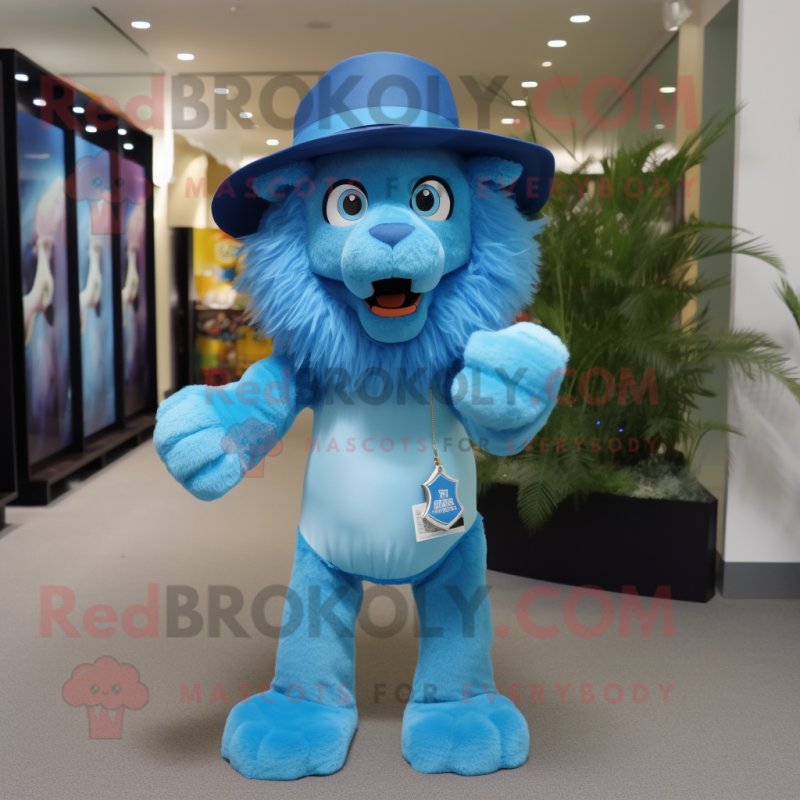 Blue Tamer Lion mascot costume character dressed with a Shift Dress and Hats Blue Tamer Lion mascot costume character dressed with a Shift Dress and Hats