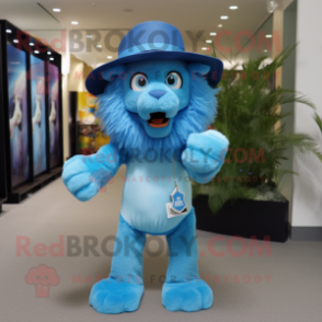 Blue Tamer Lion mascot costume character dressed with a Shift Dress and Hats