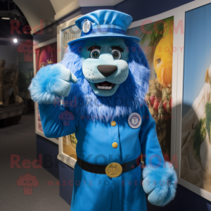 Blue Tamer Lion mascot costume character dressed with a Shift Dress and Hats