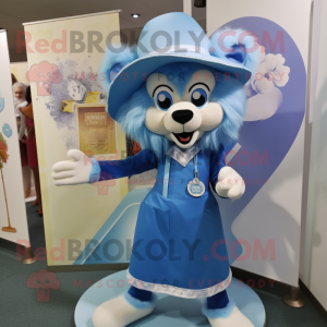 Blue Tamer Lion mascot costume character dressed with a Shift Dress and Hats