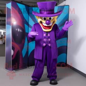 Purple Evil Clown mascot costume character dressed with a Suit Pants and Berets