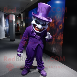 Purple Evil Clown mascot costume character dressed with a Suit Pants and Berets