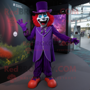 Purple Evil Clown mascot costume character dressed with a Suit Pants and Berets