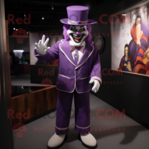 Purple Evil Clown mascot costume character dressed with a Suit Pants and Berets