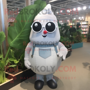 Silver Radish mascot costume character dressed with a Dungarees and Reading glasses