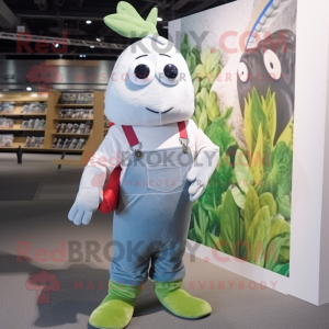 Silver Radish mascot costume character dressed with a Dungarees and Reading glasses
