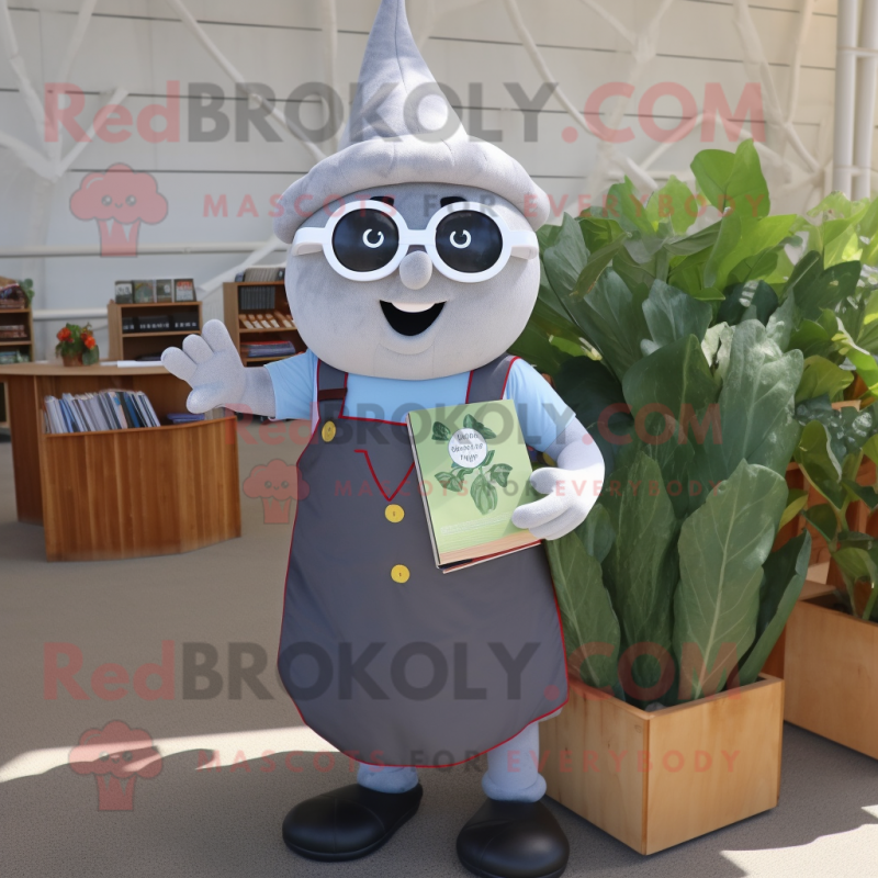 Silver Radish mascot costume character dressed with a Dungarees and Reading glasses