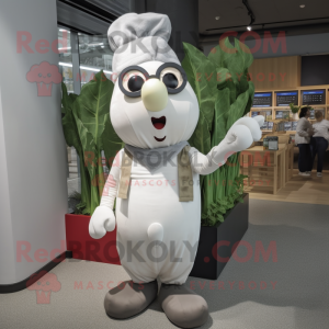 Silver Radish mascot costume character dressed with a Dungarees and Reading glasses