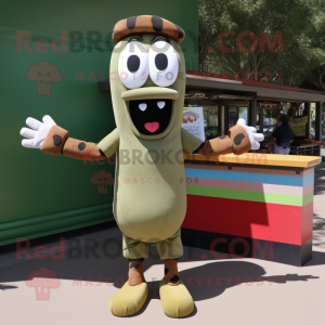 Olive Hot Dogs mascot costume character dressed with a Cargo Shorts and Mittens