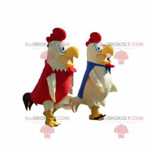 2 mascots of white, blue and red roosters, farm costumes -