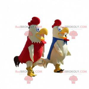 2 mascottes de coqs blanc, bleu et rouge, costumes de la ferme