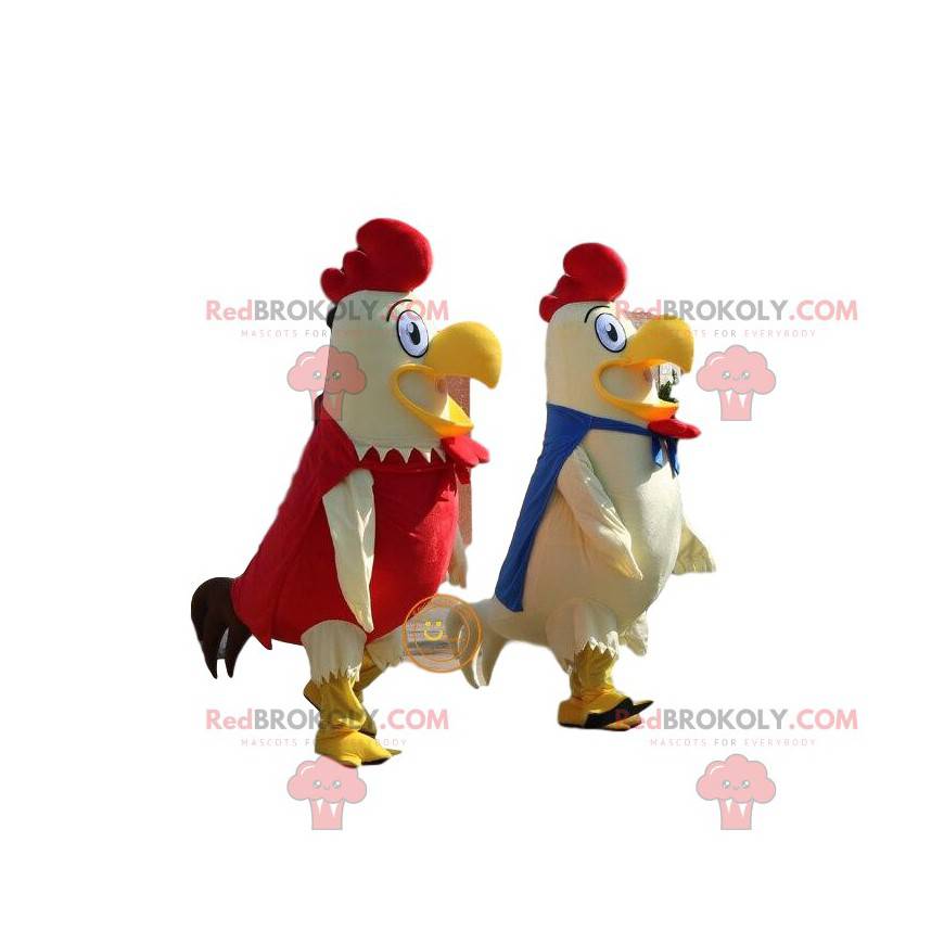 2 mascottes de coqs blanc, bleu et rouge, costumes de la ferme 2 mascottes de coqs blanc, bleu et rouge, costumes de la ferme