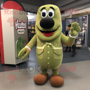 Olive Hot Dogs mascot costume character dressed with a Cargo Shorts and Mittens