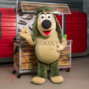 Olive Hot Dogs mascot costume character dressed with a Cargo Shorts and Mittens