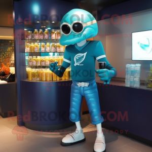 Teal American Football Helmet mascot costume character dressed with a Cocktail Dress and Digital watches