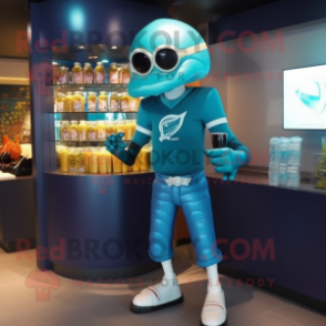 Teal American Football Helmet mascot costume character dressed with a Cocktail Dress and Digital watches