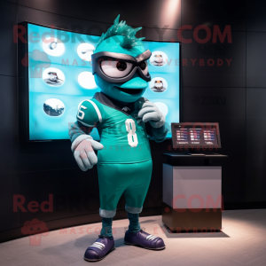 Teal American Football Helmet mascot costume character dressed with a Cocktail Dress and Digital watches