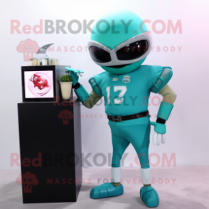 Teal American Football Helmet mascot costume character dressed with a Cocktail Dress and Digital watches