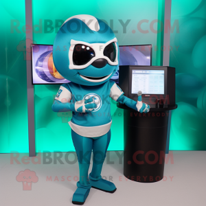 Teal American Football Helmet mascot costume character dressed with a Cocktail Dress and Digital watches