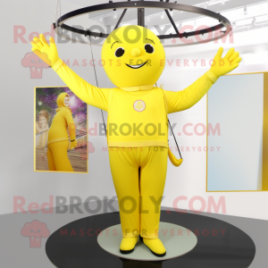 Lemon Yellow Trapeze Artist mascot costume character dressed with a Jumpsuit and Gloves