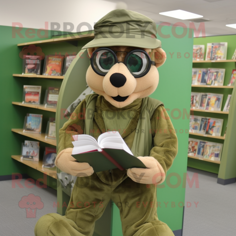 Tan Green Beret mascot costume character dressed with a Hoodie and Reading glasses