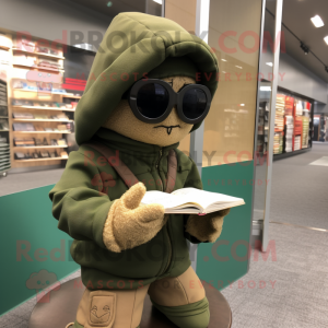 Tan Green Beret mascot costume character dressed with a Hoodie and Reading glasses