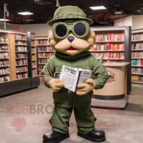 Tan Green Beret mascot costume character dressed with a Hoodie and Reading glasses