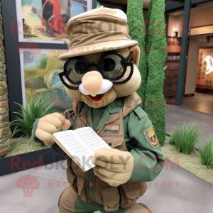 Tan Green Beret mascot costume character dressed with a Hoodie and Reading glasses