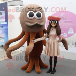 Brown Squid mascot costume character dressed with a Mini Skirt and Clutch bags