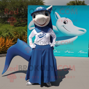 Navy Dolphin mascot costume character dressed with a Maxi Skirt and Shoe laces