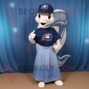 Navy Dolphin mascot costume character dressed with a Maxi Skirt and Shoe laces