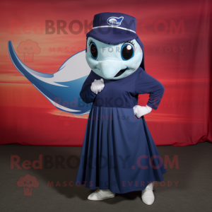 Navy Dolphin mascot costume character dressed with a Maxi Skirt and Shoe laces