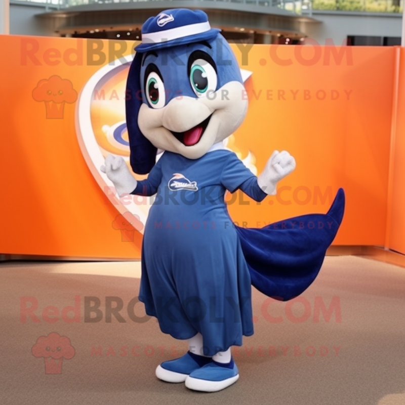 Navy Dolphin mascot costume character dressed with a Maxi Skirt and Shoe laces