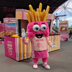 Pink French Fries mascot costume character dressed with a Cargo Shorts and Rings
