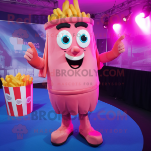 Pink French Fries mascot costume character dressed with a Cargo Shorts and Rings