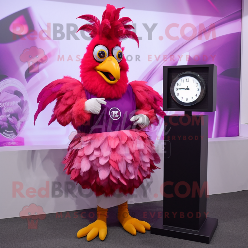 Magenta Rooster mascot costume character dressed with a Empire Waist Dress and Digital watches