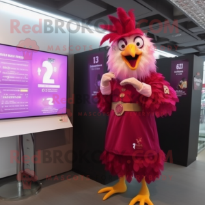 Magenta Rooster mascot costume character dressed with a Empire Waist Dress and Digital watches