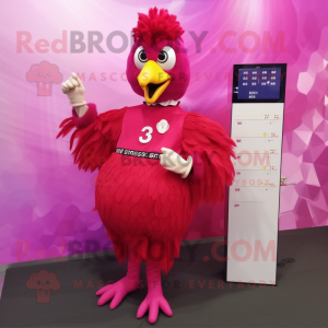 Magenta Rooster mascot costume character dressed with a Empire Waist Dress and Digital watches