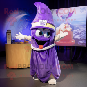 Purple Ceviche mascot costume character dressed with a Maxi Skirt and Caps